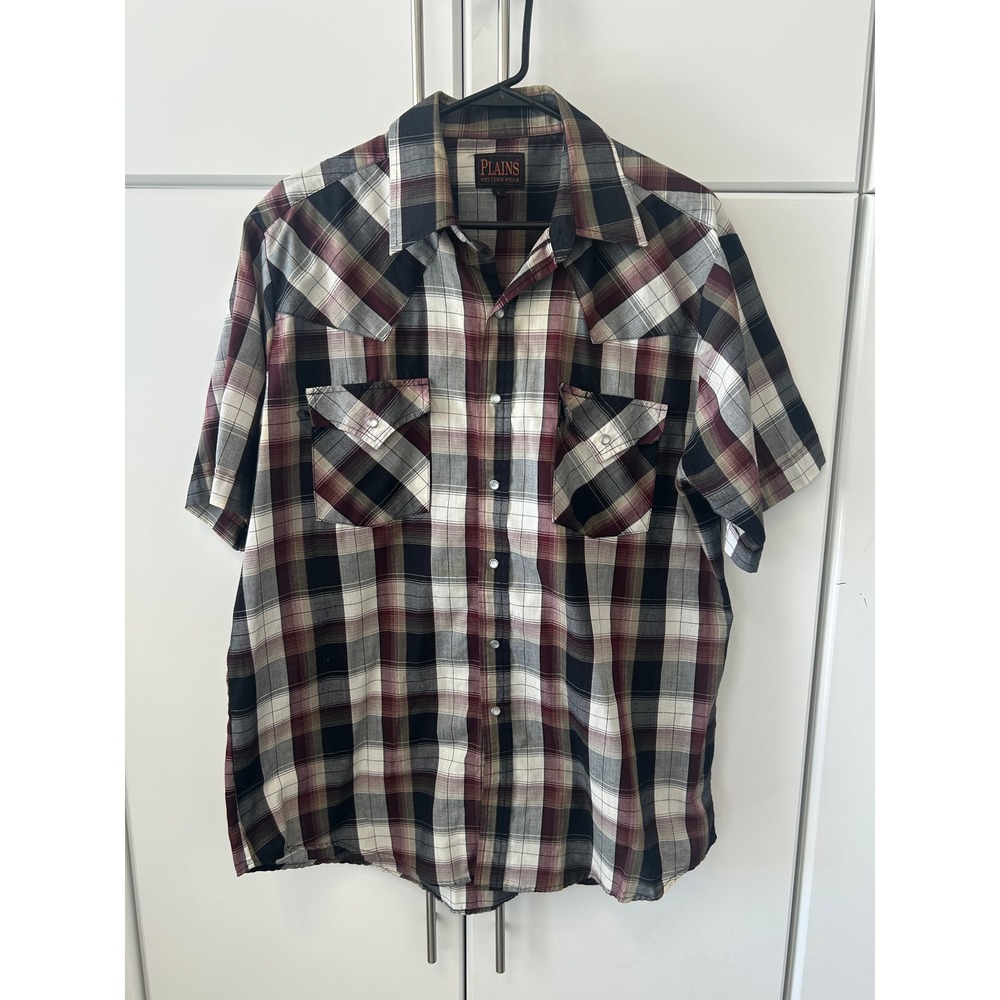 Plains Western Wear Mens Large Burgundy Plaid Pearl Snap Western Shirt Cowboy